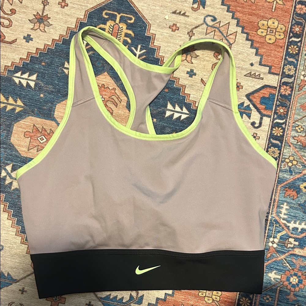 Nike Gray Sports Bra with Neon Lime Trim and Black Band